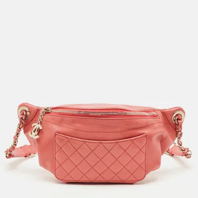 Pre-owned Chanel Cc Coral Orange Quilted Glossy Leather Belt Bag
