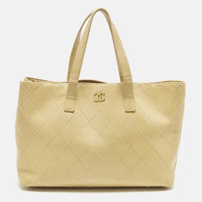 Pre-owned Chanel Cc Cream Quilted Wildstitched Leather Shopper Tote In White