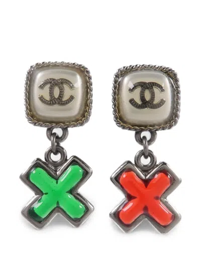 Pre-owned Chanel Cc Cross-drop Earrings In Red