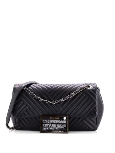Pre-owned Chanel Cc Crossing Flap Bag Chevron Lambskin Medium Shoulder Bag In Black