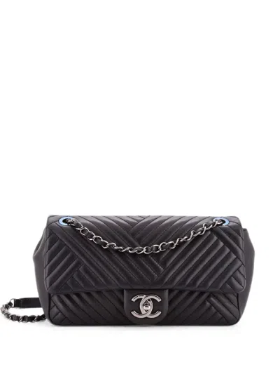 Pre-owned Chanel Cc Crossing Flap Bag Chevron Lambskin Medium Shoulder Bag In Black