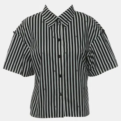 Pre-owned Chanel Cc Crystal Embellished Stripes Stretch Poplin Blouse In Black
