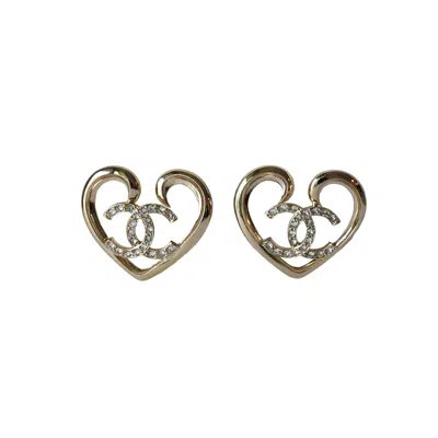 Pre-owned Chanel Cc Crystal Strass Heart Drop Earrings Gold