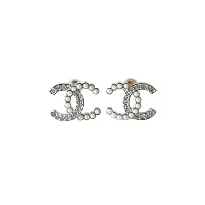 Pre-owned Chanel Cc Crystal Strass Pearl Pierced Stud Earrings Silver