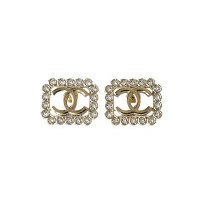 Pre-owned Chanel Cc Crystal Strass Rectangular Stud Earrings Gold