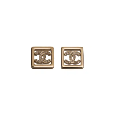 Pre-owned Chanel Cc Crystal Strass Square Stud Earrings Gold