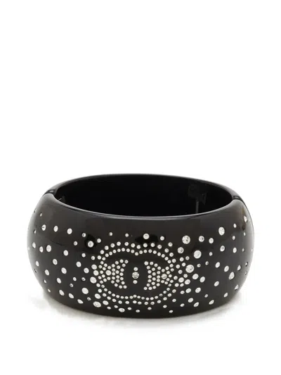 Pre-owned Chanel Cc Crystal-embellished Bangle Bracelet In Black