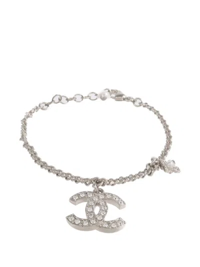 Pre-owned Chanel Cc Crystal-embellished Bracelet In Silver