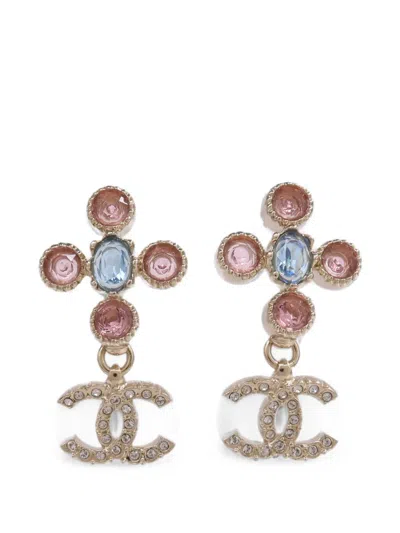 Pre-owned Chanel Cc Crystal-embellished Drop Earrings In Gold