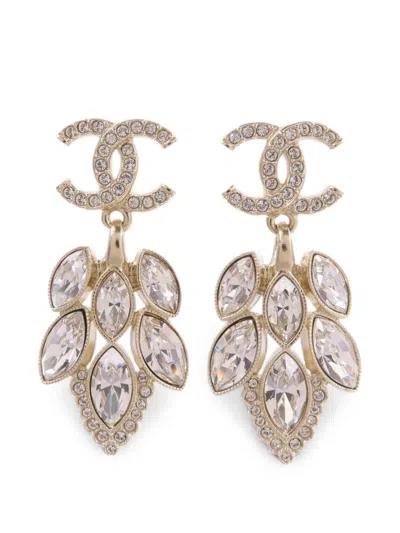 Pre-owned Chanel Cc Crystal-embellished Drop Earrings In Gold