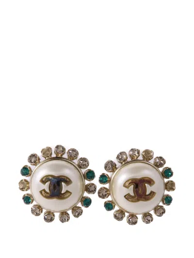 Pre-owned Chanel Cc Crystal-embellished Earrings In Gold