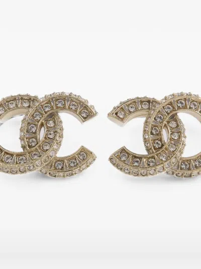 Pre-owned Chanel Cc Crystal-embellished Earrings In Gold