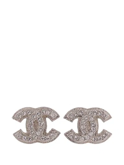 Pre-owned Chanel Cc Crystal-embellished Earrings In Silver