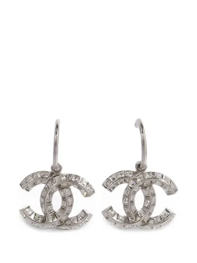Pre-owned Chanel Cc Crystal-embellished Earrings In Silver
