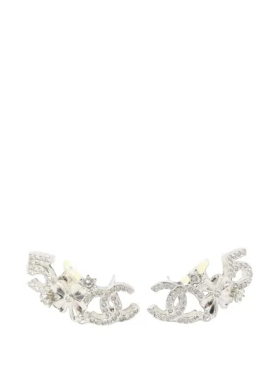 Pre-owned Chanel Cc Crystal-embellished Earrings In Silver