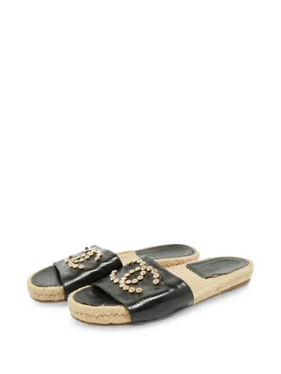 Pre-owned Chanel Cc Crystal-embellished Flat Espadrilles In Black
