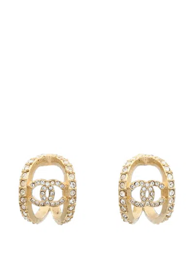 Pre-owned Chanel Cc Crystal-embellished Hoop Earrings In Gold