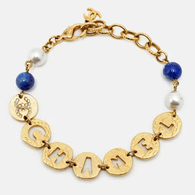 Pre-owned Chanel Cc Crystals Faux Pearl Beads Gold Tone Cutwork Logo Charm Beaded Bracelet