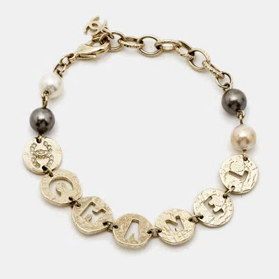 Pre-owned Chanel Cc Crystals Faux Pearl Gold Tone Bracelet