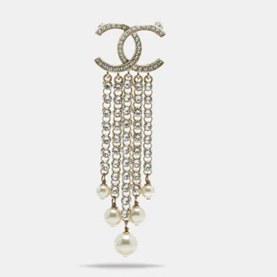Pre-owned Chanel Cc Crystals Faux Pearl Gold Tone Brooch