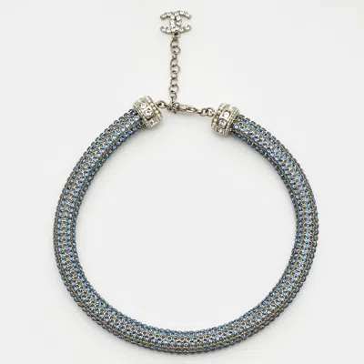 Pre-owned Chanel Cc Crystals Faux Pearls Silver Tone Choker Necklace