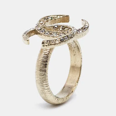 Pre-owned Chanel Cc Crystals Gold Tone Ring Size 52