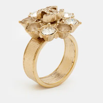 Pre-owned Chanel Cc Crystals Gold Tone Ring Size 52