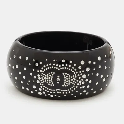 Pre-owned Chanel Cc Crystals Silver Tone Hinged Bangle Bracelet
