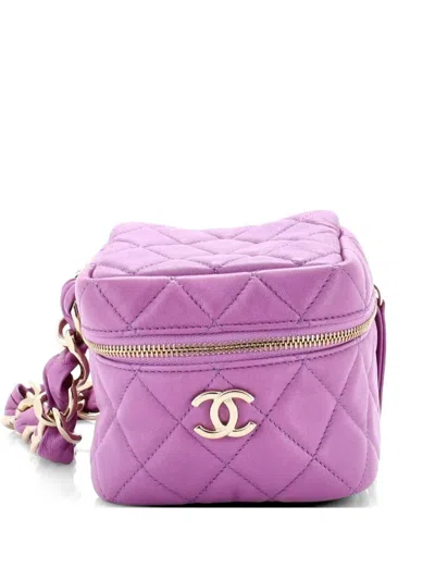 Pre-owned Chanel Cc Cube Zip With Chain Handle Quilted Lambskin Clutch Bag In Purple