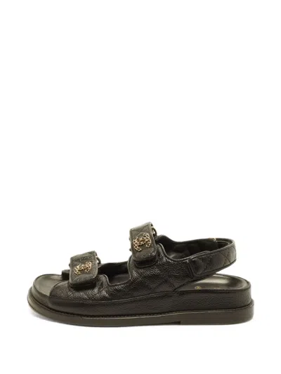 Pre-owned Chanel Cc Dad Quilted Touch-strap Sandals In Black