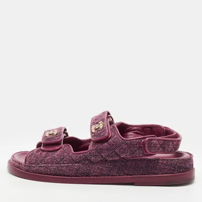 Pre-owned Chanel Cc Dad Size 37 Purple Quilted Wool Slingback Flat Sandals