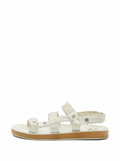 Pre-owned Chanel Cc Dad Tweed Sandals In White