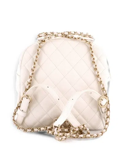 Pre-owned Chanel Cc Day Quilted Caviar Mini Backpack In White