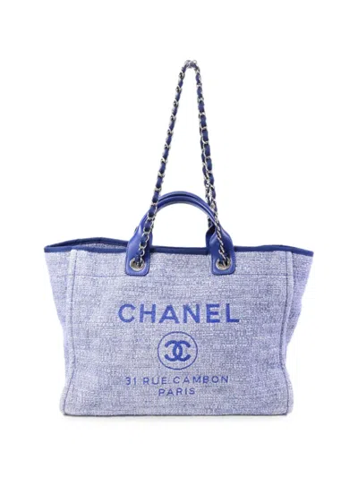 Pre-owned Chanel Cc Deauville Chain-strap Canvas Tote Bag In Blue