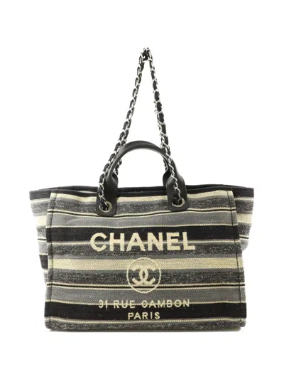 Pre-owned Chanel Cc Deauville Two-way Canvas Tote Bag In Black