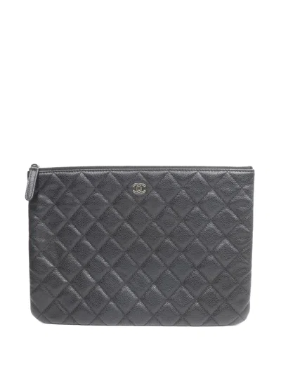 Pre-owned Chanel Cc Diamond-quilted Calfskin Pouch In Black