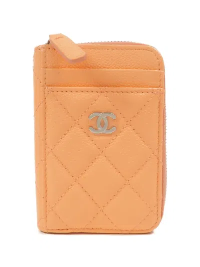 Pre-owned Chanel Cc Diamond-quilted Card Case In Orange