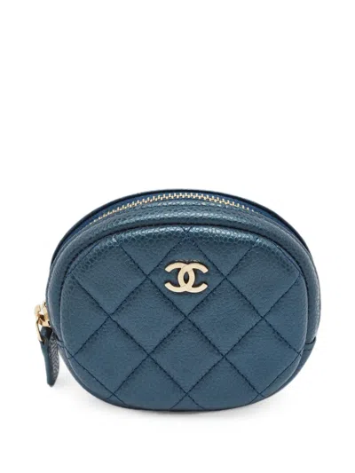 Pre-owned Chanel Cc Diamond-quilted Coin Purse In Blue