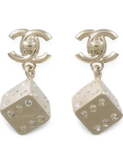 Pre-owned Chanel Cc Dice-motif Earrings In Gold