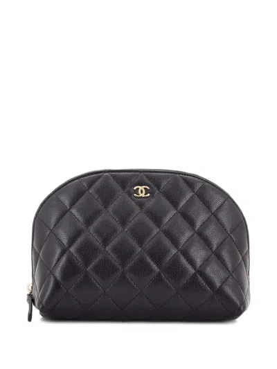 Pre-owned Chanel Cc Dome Cosmetic Case Quilted Caviar Small Pouch In Black