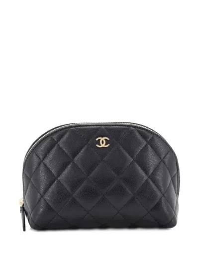 Pre-owned Chanel Cc Dome Cosmetic Case Quilted Caviar Small Pouch In Black