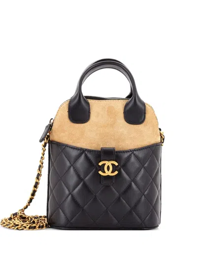 Pre-owned Chanel Cc Dome Top Handle With Chain Quilted Lambskin With Suede Mini Clutch Bag In Black