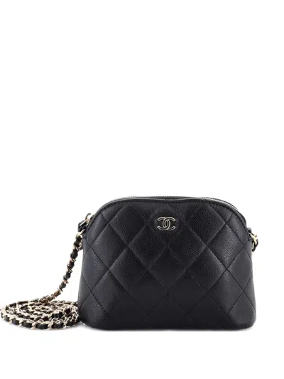 Pre-owned Chanel Cc Dome Zip Clutch With Chain Quilted Caviar Mini Crossbody Bag In Black