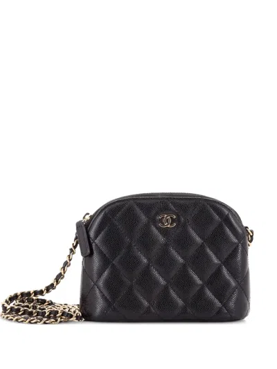 Pre-owned Chanel Cc Dome Zip Clutch With Chain Quilted Caviar Mini Crossbody Bag In Black