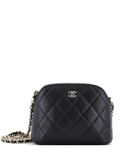 Pre-owned Chanel Cc Dome Zip Clutch With Chain Quilted Caviar Mini Crossbody Bag In Black