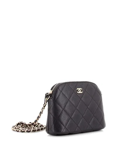 Pre-owned Chanel Cc Dome Zip Clutch With Chain Quilted Caviar Mini Crossbody Bag In Black