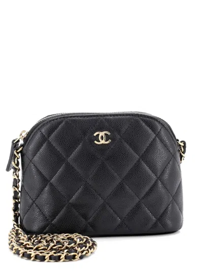Pre-owned Chanel Cc Dome Zip Clutch With Chain Quilted Caviar Mini Crossbody Bag In Black