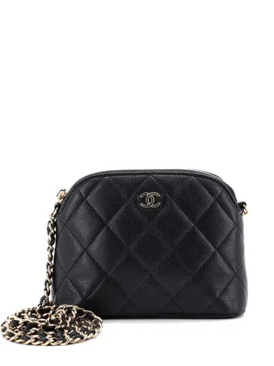 Pre-owned Chanel Cc Dome Zip Clutch With Chain Quilted Caviar Mini Crossbody Bag In Black