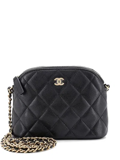Pre-owned Chanel Cc Dome Zip Clutch With Chain Quilted Caviar Mini Crossbody Bag In Black