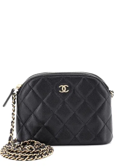 Pre-owned Chanel Cc Dome Zip Clutch With Chain Quilted Caviar Mini Crossbody Bag In Black